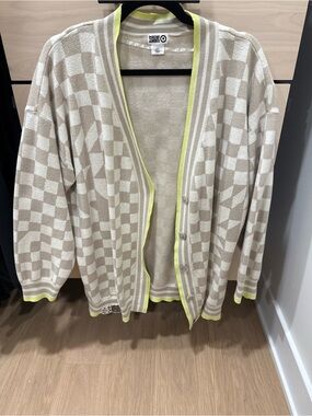 Checkerboard Knit Cardigan with Neon Trim